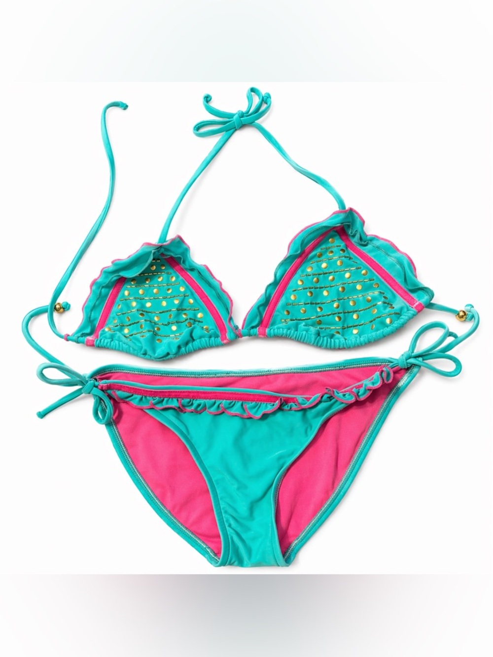 Surfside Turquoise and Hot Pink Ruffle Bikini with Gold Studs
